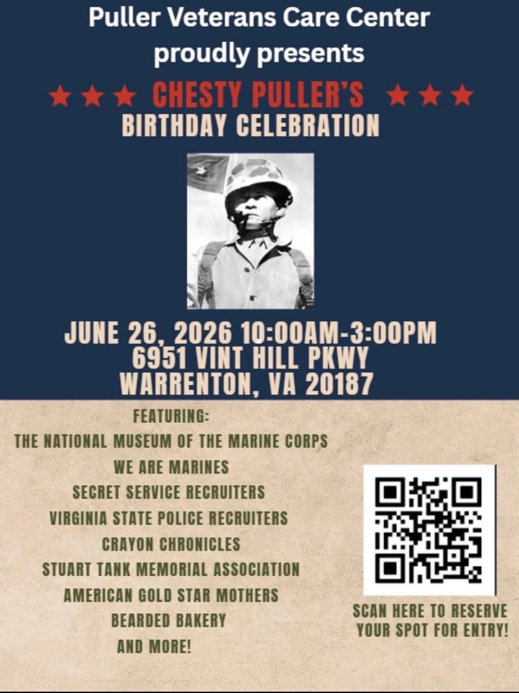 UPCOMING 26 June 2026: Chesty Puller’s Birthday at the Puller Veteran’s Care Center, Warrenton, VA.