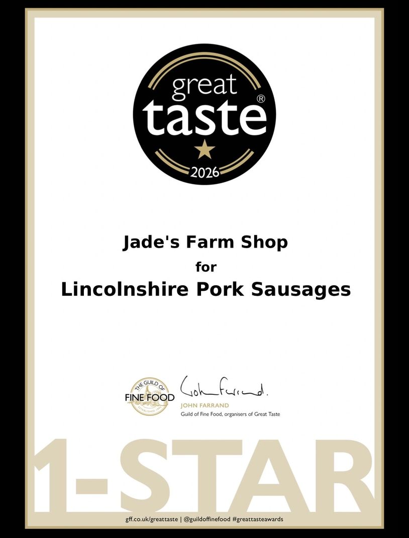 Great Taste 1-star award for Jade's Farm Shop Lincolnshire Pork Sausages.