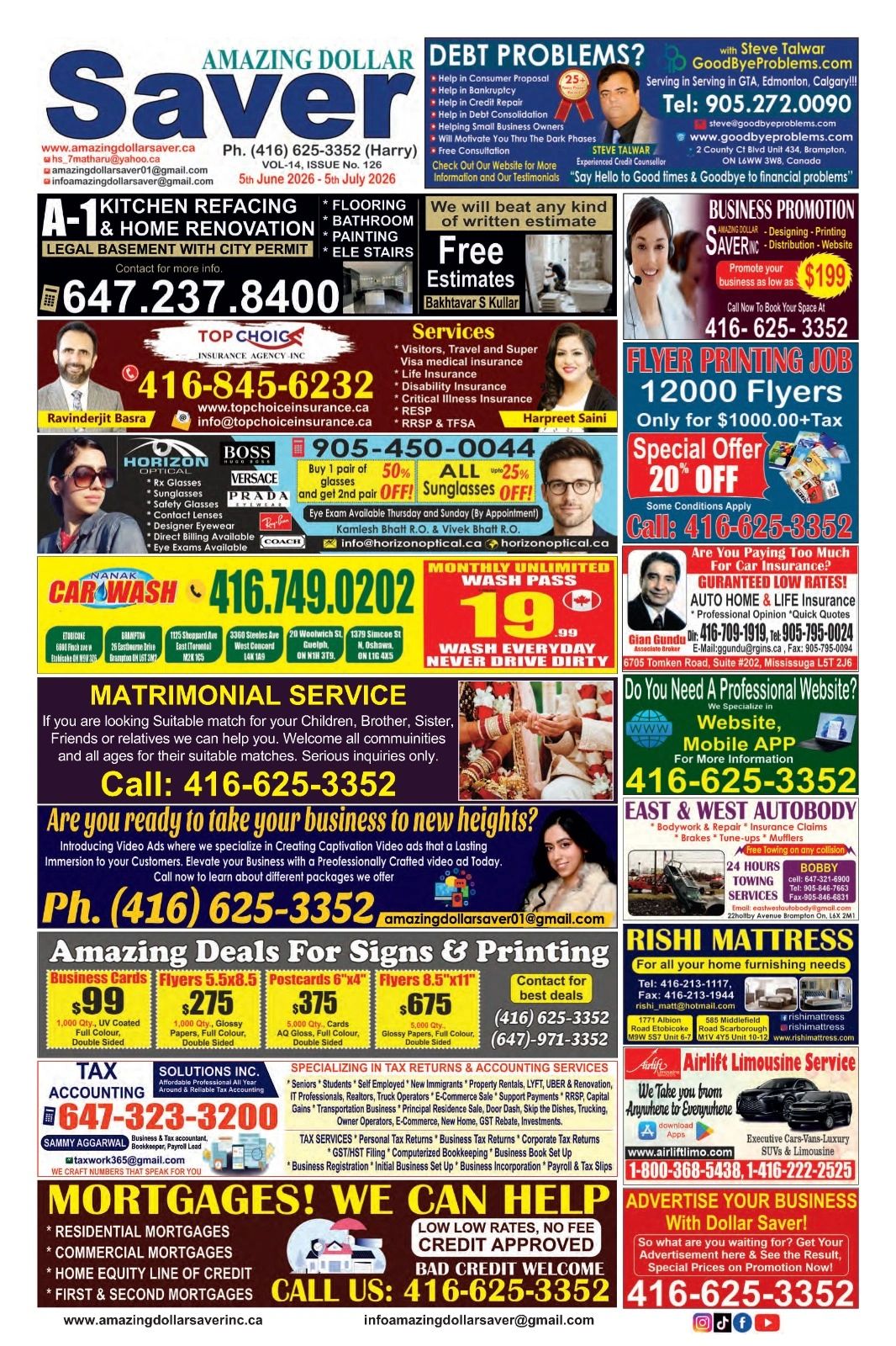 Collage of local business ads including renovation, insurance, printing, optical, matrimony, and more.
