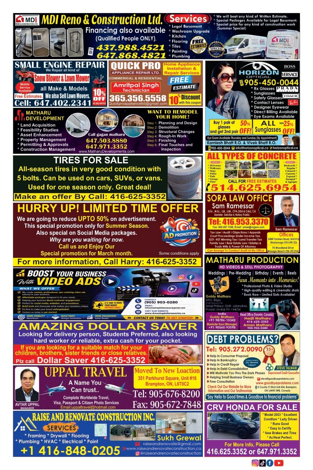 Collage of various local business ads including construction, repairs, law, travel, and sales.