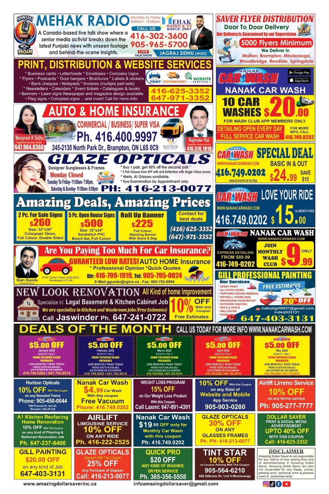 Colorful flyer showcasing diverse local services, discounts, and promotions including car wash, insurance, printing, and home improvement.