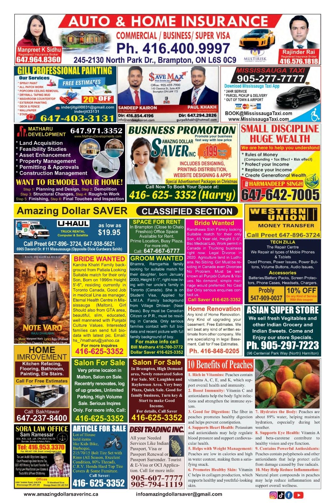 A detailed multi-service advertisement sheet for auto, home insurance, painting, taxi, real estate, and more.