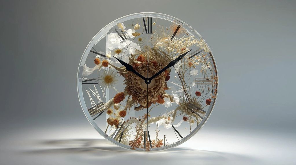 this handcrafted resin wall clock, featuring embedded dried flowers and delicate Roman numeral.