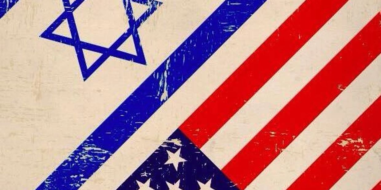 A distressed hybrid flag combining elements of Israel and the USA flags.