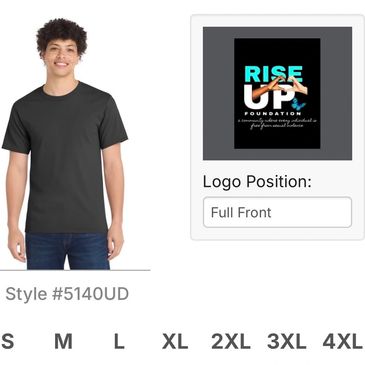 Man wearing plain black t-shirt, available in multiple sizes.