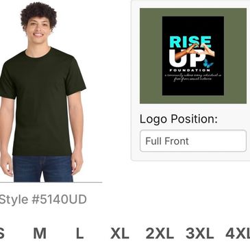 Man wearing plain black t-shirt, Rise Up Foundation logo shown separately.