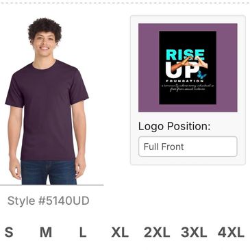 Man wearing a purple t-shirt with Rise Up Foundation logo on front.
