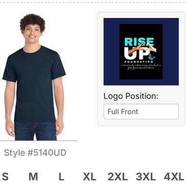 Young man modeling a navy blue t-shirt with logo placement options.