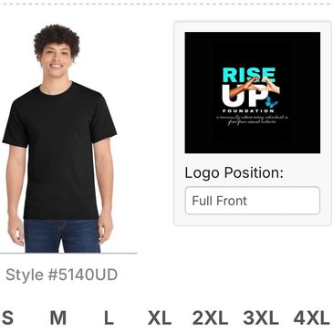 Black t-shirt with Rise Up Foundation logo design.