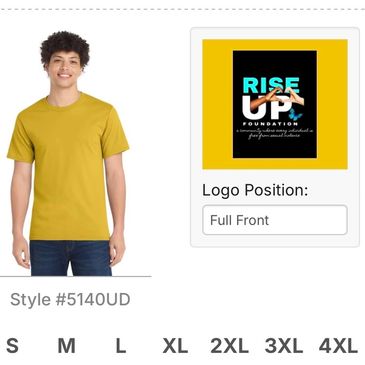 Man wears plain mustard yellow t-shirt.