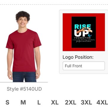 Man modeling a red t-shirt with logo details.