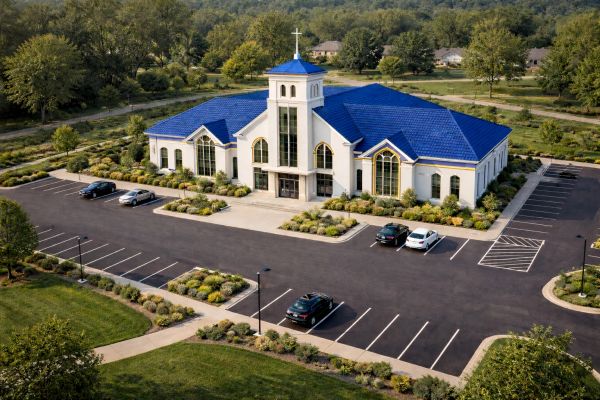 A modern church with a blue roof and surrounding parking lot.