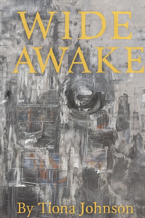 Book cover titled 'Wide Awake' by Tiona Johnson with abstract gray art.