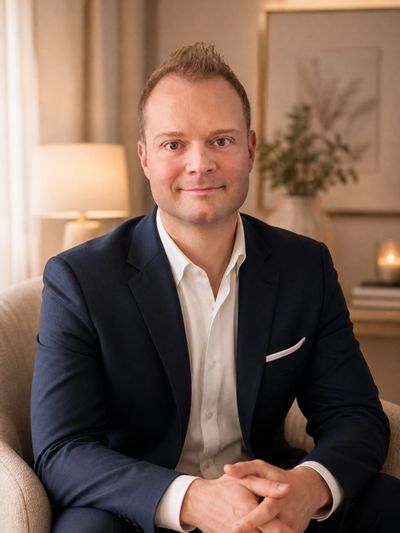 Man in a navy suit sitting on a beige armchair in a warmly lit room.