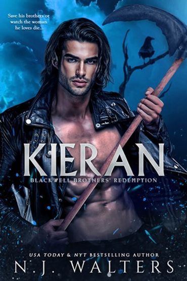 Romantic fantasy book cover featuring a strong man with a scythe under a moonlit sky.
