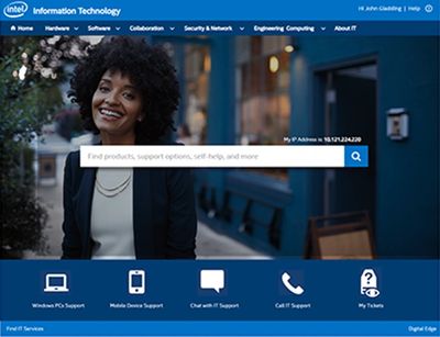 Smiling woman featured on Intel IT support homepage with search bar and service icons.