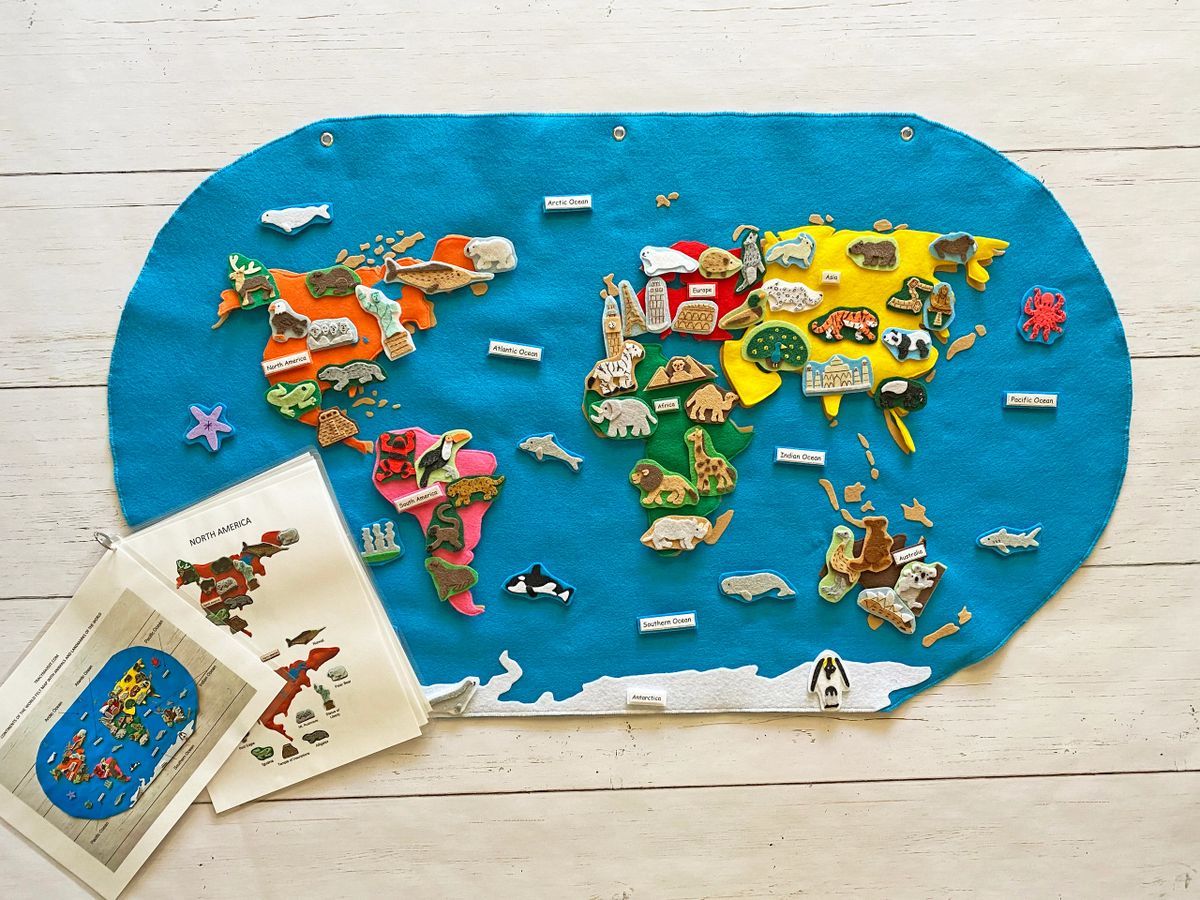 Montessori Continents of the World Felt Map with Animals and Landmarks