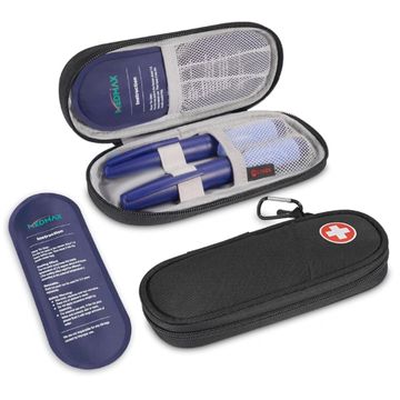 Compact black medical kit case with blue medical devices inside and an instruction booklet.