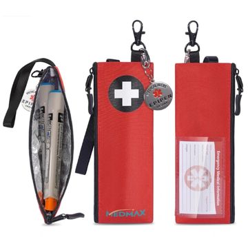 Compact red emergency medical kit with zipper and keychain attachments.