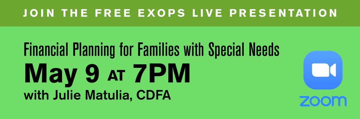 Free Zoom presentation on financial planning for families with special needs, May 9 at 7 PM.