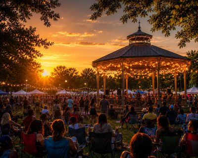 Outdoor concert at sunset with illuminated gazebo.