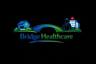 Logo showing a bridge connecting home and hospital with healthcare theme.