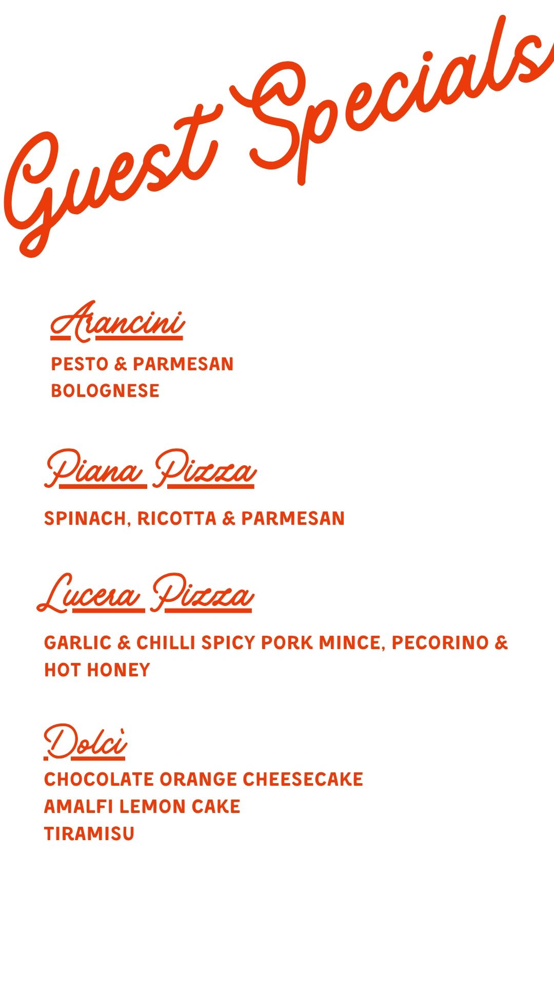 Guest Specials menu featuring Arancini, Piana Pizza, Lucera Pizza, and Dolci desserts.