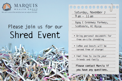 Invitation to a shred event in Scottsdale by Marquis Wealth Group.