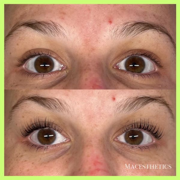 Close-up before and after eyelash enhancement showing longer, curled lashes.