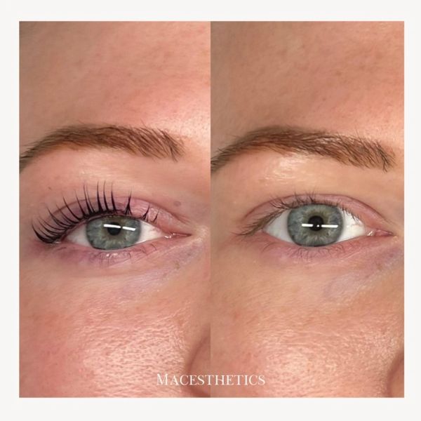 Close-up of an eye showing mascara on lashes versus natural lashes.