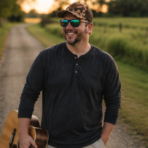 Man smiling outdoors with a guitar on a dirt road.