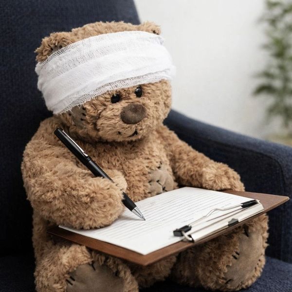 Teddy bear with a head bandage writing on a clipboard.