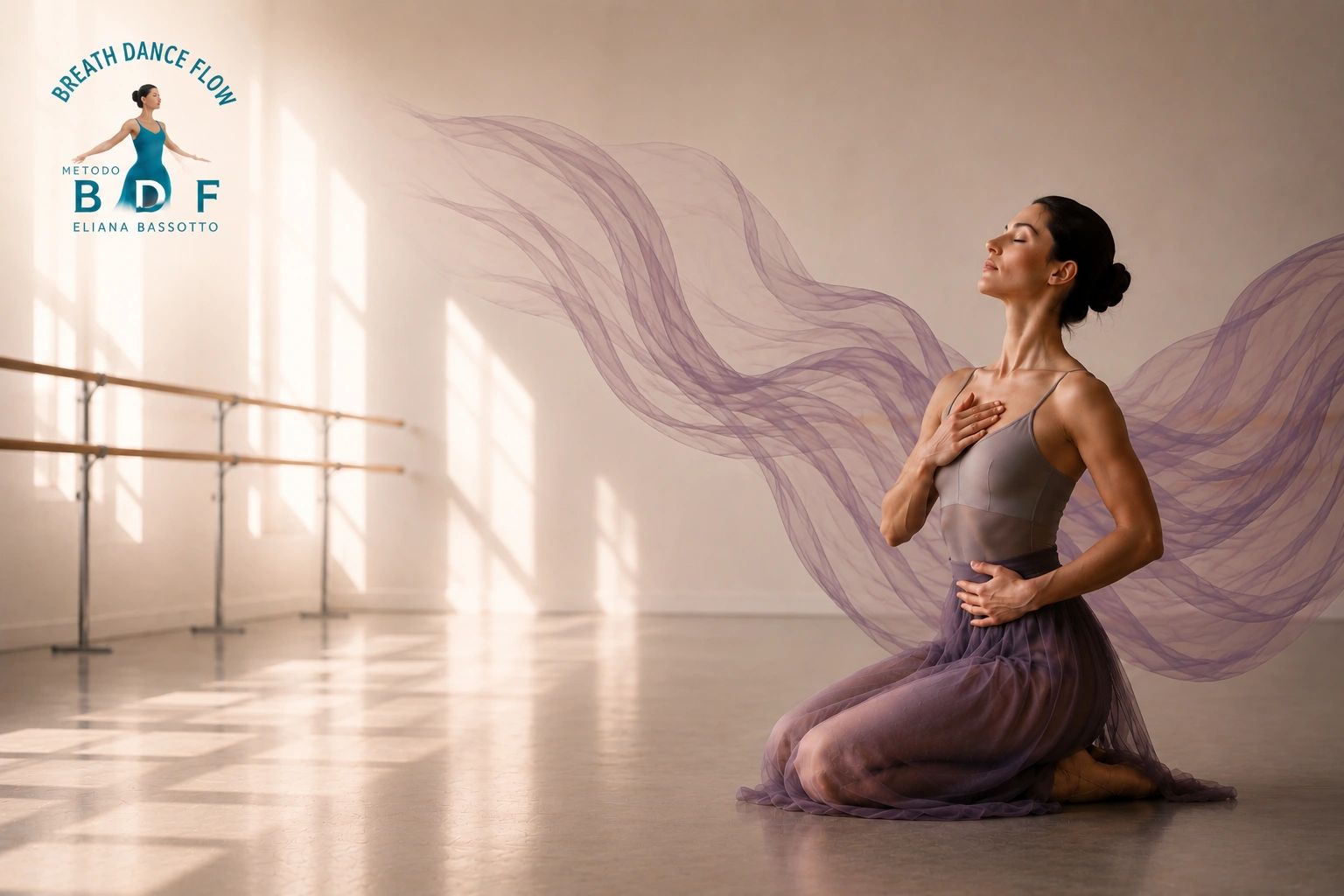 Donna che pratica danza e meditazione in una sala luminosa.