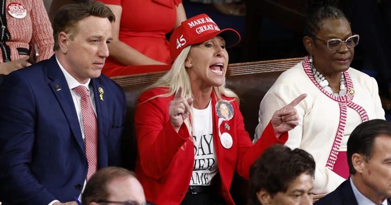 Congresswoman Greene showing everyone at the State of the Union Address how rude and obnoxious she can be.