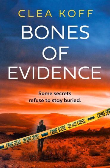 Woman standing behind yellow crime scene tape in desert landscape at sunset with blue and orange sky
