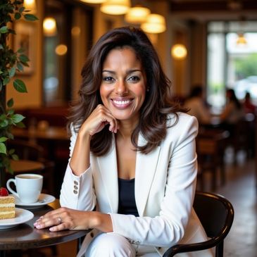 Confident woman in white suit smiling at a cozy cafe.
