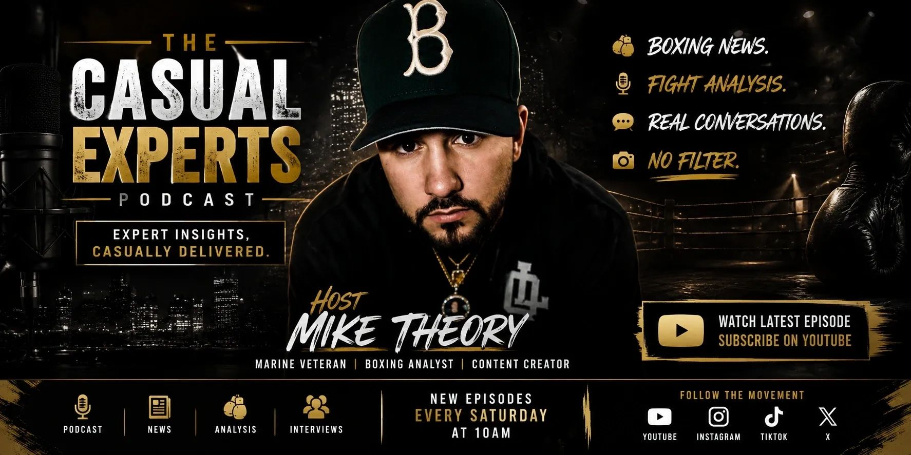 The Casual Experts Podcast banner featuring Mike Theory, boxing news, fight analysis, exclusive interviews, and combat sports coverage. 