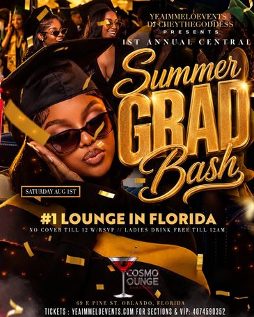 Summer Grad Bash event flyer with graduates.