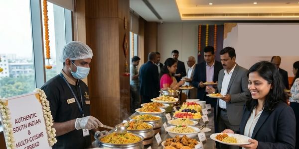 People enjoying South Indian buffet in a formal setting.
