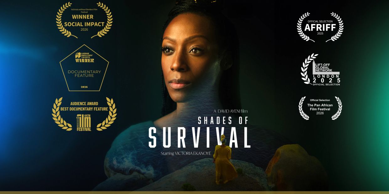 Poster for the documentary film "Shades of Survival" starring Victoria Ekanoye.