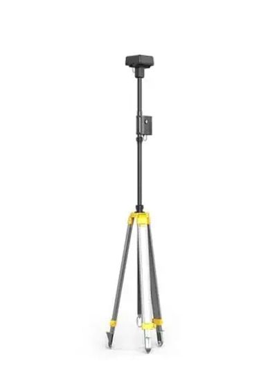 Tall tripod with a black device mounted on top and yellow accents.