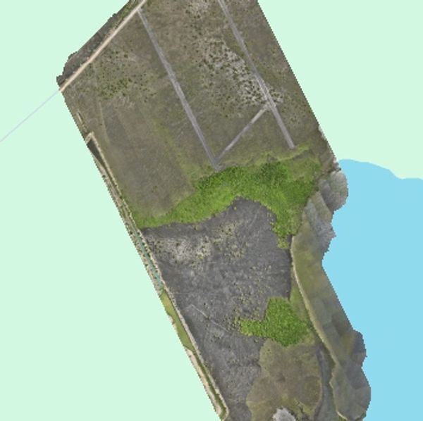 Aerial view of irregular land with patches of greenery and surrounding water.