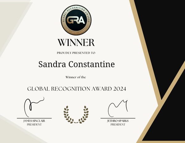 Certificate showing Sandra Constantine as the Winner of the Global Recognition Award 2024