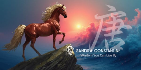 Horse standing on a cliff at sunrise with Chinese calligraphy. “唐” and “Wisdom You Can Live By.”