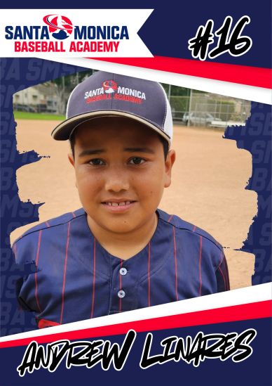 Youth baseball player Andrew Linares in Santa Monica Baseball Academy uniform.