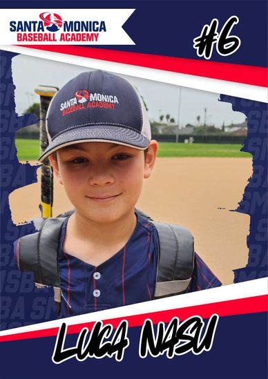 Young baseball player Luca Nasu in Santa Monica Baseball Academy uniform.