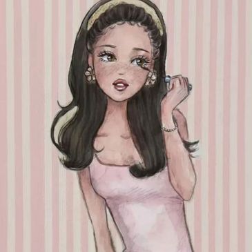 Illustration of a stylish woman with long dark hair and a pink dress.