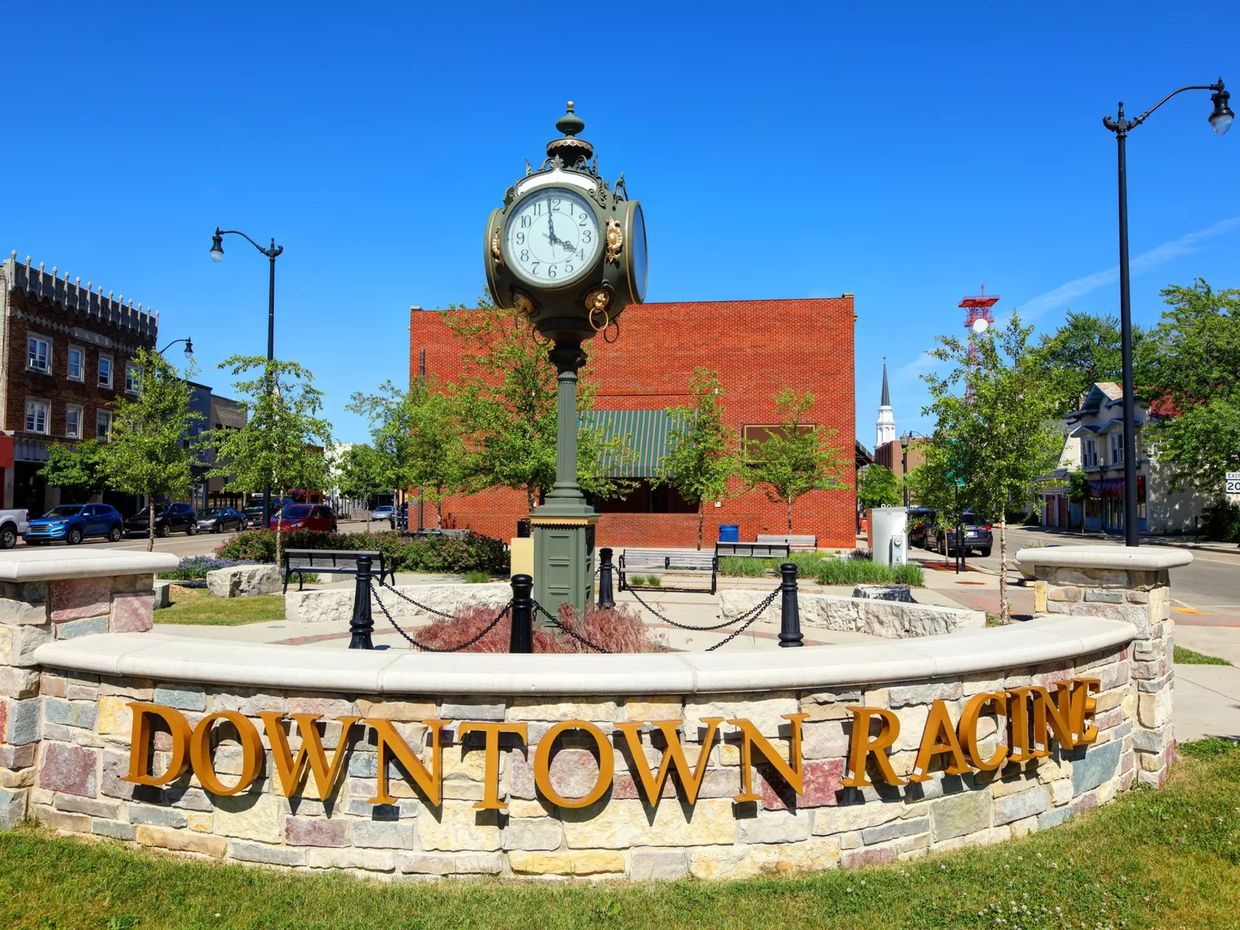 Clock tower in Downtown Racine on a sunny day.