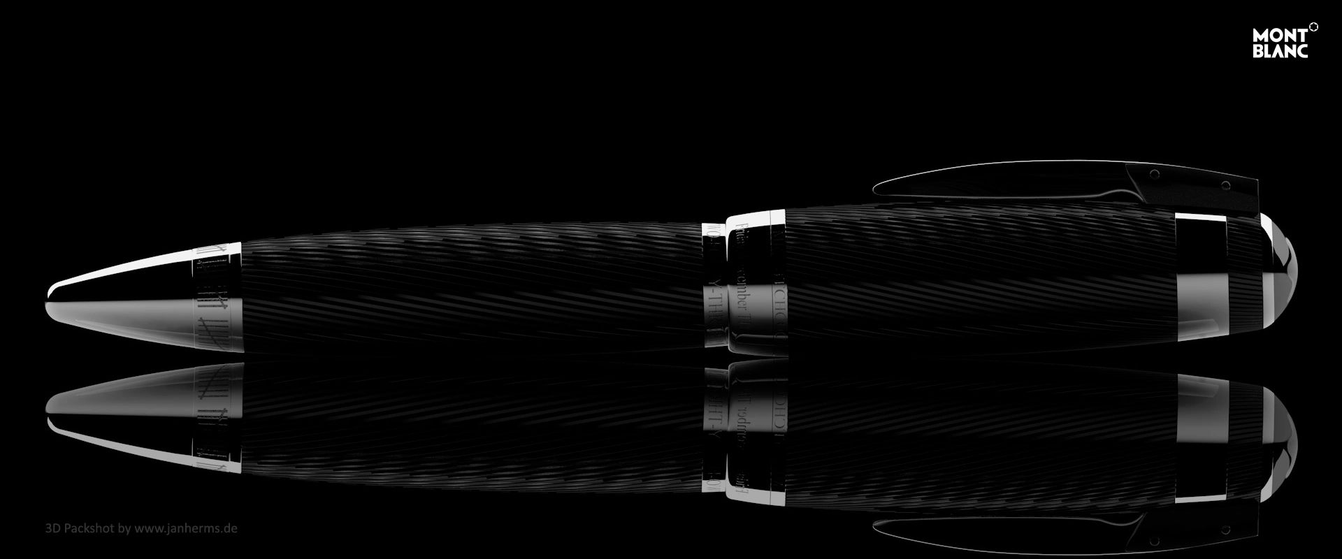 Sleek Montblanc pen with reflective black and silver design.