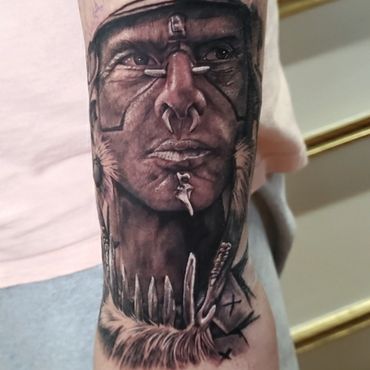 Black and grey realism Hyper realistic portrait. of Raoul Trujillo as Zero Wolf from the movie Apoca